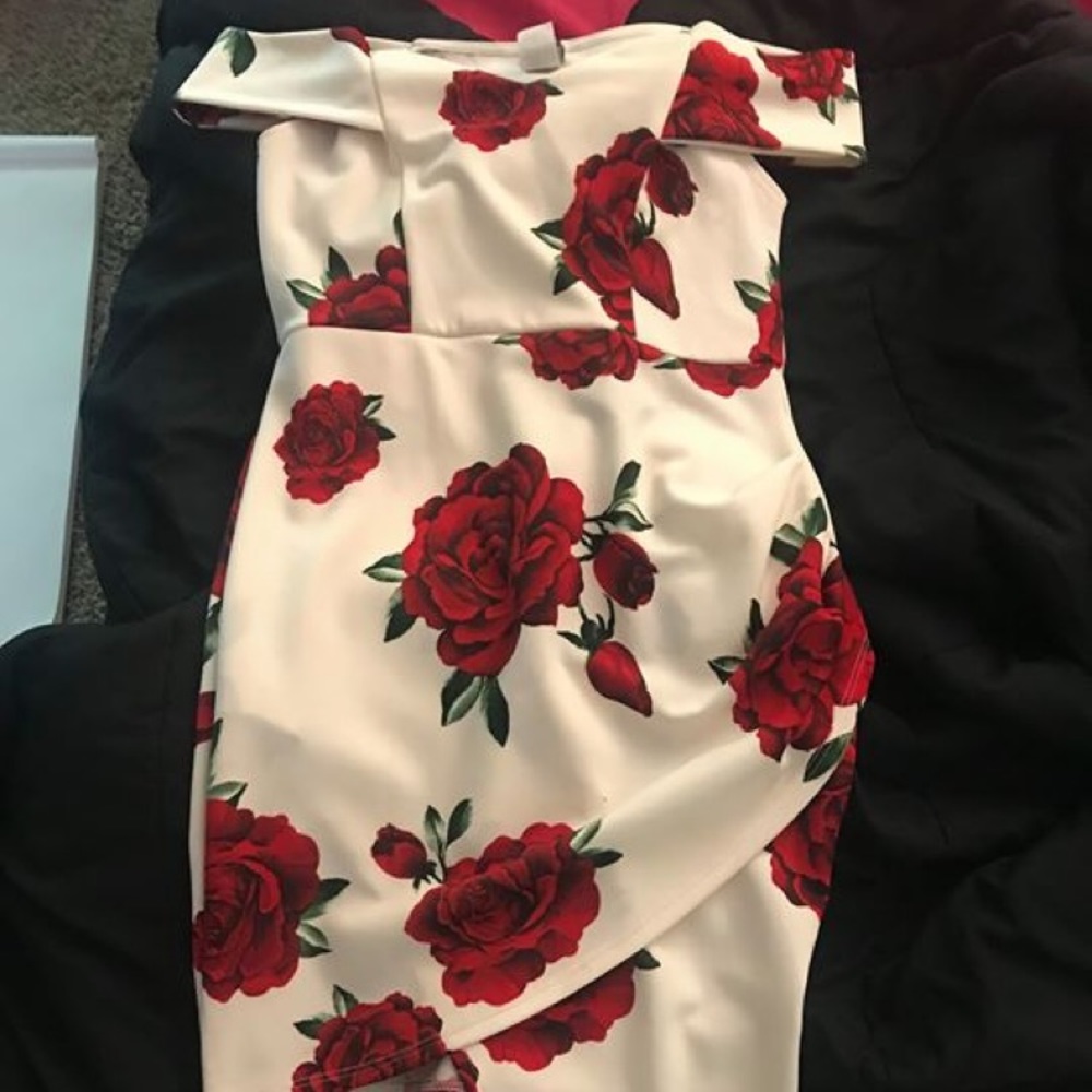 OFF THE SHOULDER ROSE WRAP DRESS